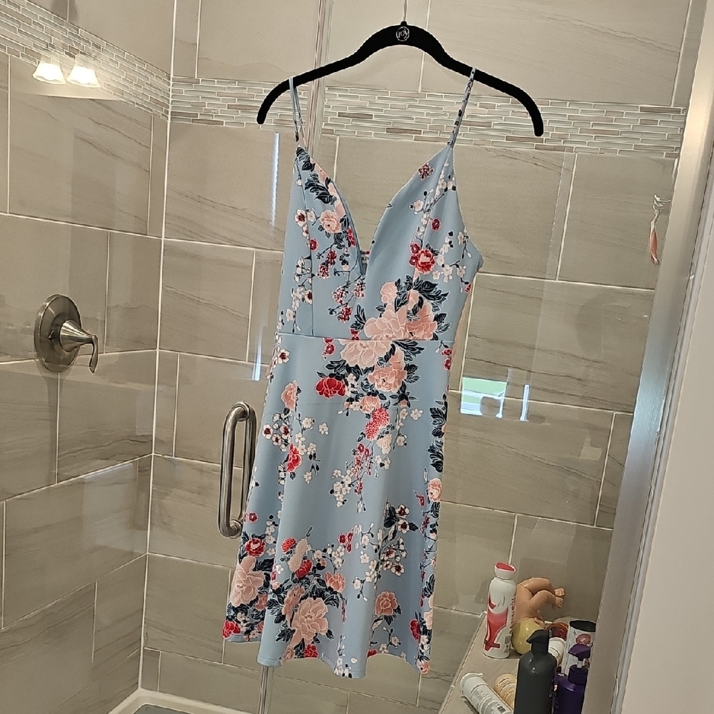Light Blue Floral V-Neck Mini Dress with Spaghetti Straps